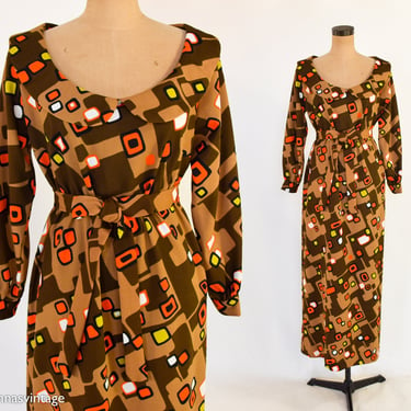 1970s Brown Print Maxi Dress | 70s Brown & Orange Polyester Knit Dress | Tiki Print Maxi | Large 