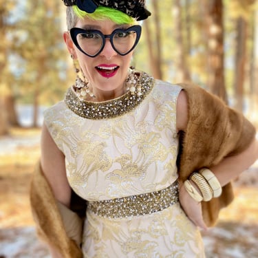 Vintage Gold Brocade Go Go Dress Holiday Party 