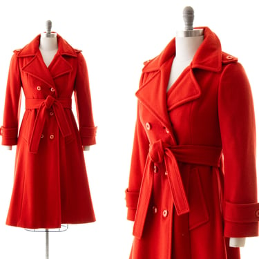 Vintage 1970s Trench Coat | 70s DEADSTOCK Red Wool Belted Winter Princess Coat Double Breasted Pea Coat Overcoat (x-small/small) 