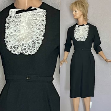 Vintage Sheath Dress, Lace Jabot, Three Quarter Sleeves, Classic Pin-Up Bombshell Rockabilly 60s LBD 