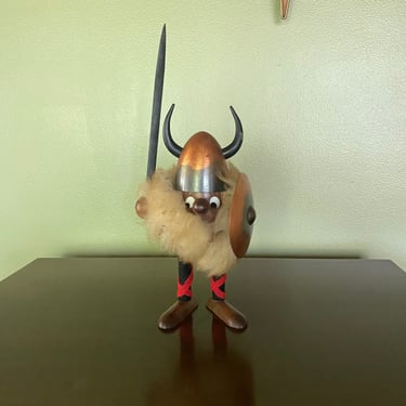 Danish Modern Viking Figurine, Vintage Scandinavian Noggin Wooden Viking, Mid Century Modern Viking, Teak and Fur Viking beard 