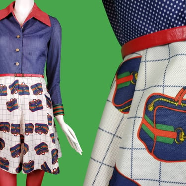 Novelty 60s/70s mod dress. Mini sizzle butterfly collar. A line. Spoof on Gucci. Red green blue stripes purse print polka dots. (S) 