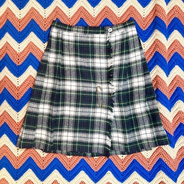 Vintage 70s/80s Plaid Wool Blend School Girl Pleated Mini Wrap Skirt Size Youth 8 OR 23 Waist 