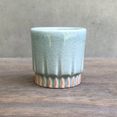 Porcelain Ceramic "Arrow" Cup  - Glossy crackle ice blue with orange halo 
