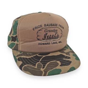 vintage camo hat / camo trucker hat / 1990s Prize Sausage Minnesota adult humor camo snapback midwest princess 