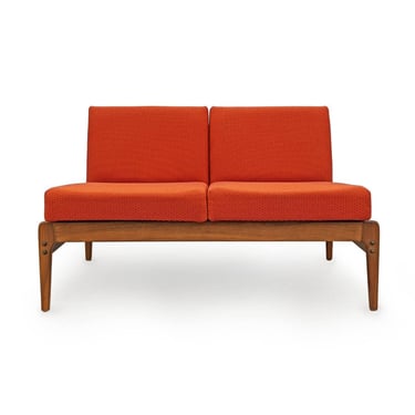 Vintage Mid Century orange textured + walnut loveseat | bench | small sofa/couch | accent living room piece 
