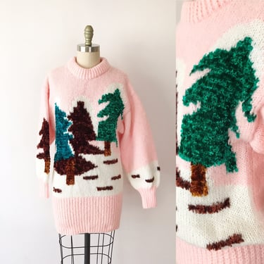SIZE S Handmade Pink Christmas Tree Holiday Sweater / Vintage Intarsia Knit Sweater / Bubblegum Pink Pastel Snowy Forest Cute Kawaii 