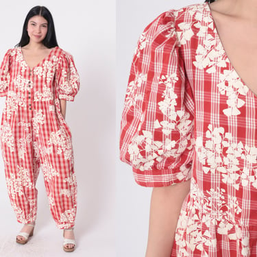 80s Floral Jumpsuit Red Checkered Baggy Puff Sleeve Retro Button Up Romper Pants Short Flower Print Vintage 1980s Large 12 