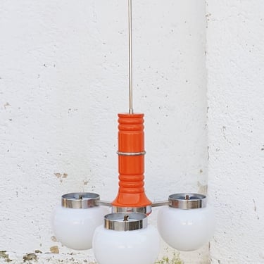 Atomic Orange Three Bubble Pendant Lamp / Sputnik Style Chandelier / Ceiling Light / Space Age Lighting / Italy / '70s 