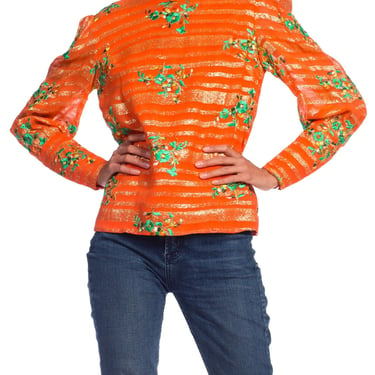 1970S Orange Rayon & Lurex Chiffon Long Sleeve Blouse With Green Floral Embroidery 