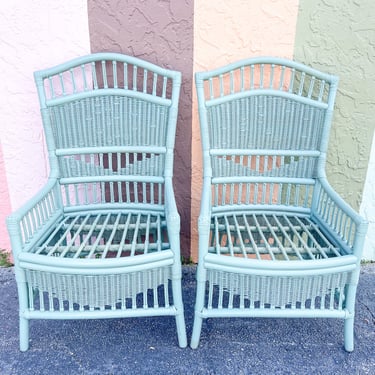 Pair of Seafoam Rattan Side Chairs