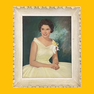 Vintage Womens Portrait 1950s Retro Size 25x21 Mid Century Modern + Print + Young Woman + Yellow Ball Gown + MCM Art + Home and Wall Decor 