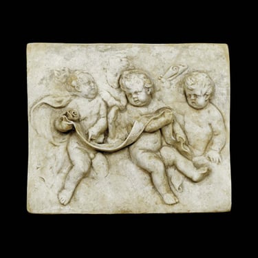 High Relief Concrete Three Angels Rectangular Wall Plaque