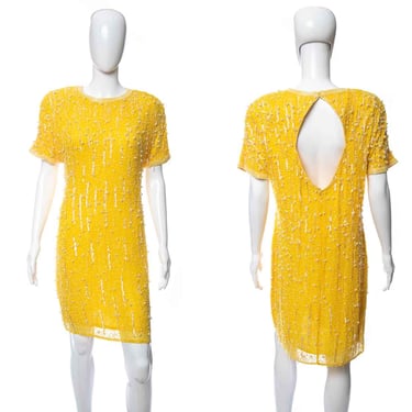 1980's Nite Line Yellow Bead and Sequins Cocktail Dress Size L
