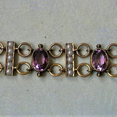 Vintage Victorian Revival Bracelet with Amethyst Glass and Pearls, Old Vintage Purple Glass Bracelet, Old Pearl Bracelet (#4209) 