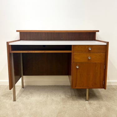 vintage mid century walnut reception desk floating shelf writing desk 