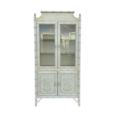 Vintage Faux Bamboo China Cabinet by Dixie Aloha - Creamy White Illuminated Chinoiserie Lighted Glass Display Case Hollywood Regency Style 