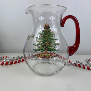 Vintage Spode Christmas Tree Red Handled Glass Pitcher, 96 Oz Glassware Pitcher, Christmas Tree-Green Trim, Spode Christmas Collectible 