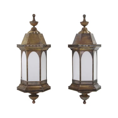 Pair of Antique Traditional Red Brass & Milk Glass Exterior Wall Lanterns