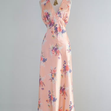 Dreamy 1940's Bias Cut Peach Satin Slip Dress With Floral Print By Corticelli / ML