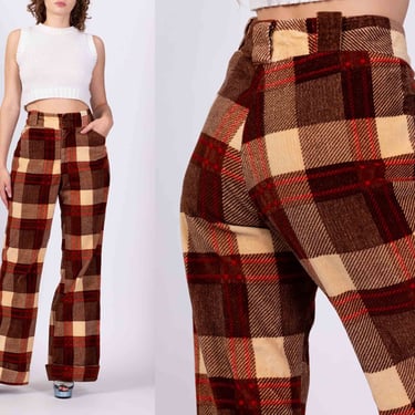70s Plaid Velvet High Waisted Pants - Men's Medium, Women's Large, 34" | Vintage Earth Tone Cuffed Flared Trousers 