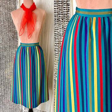 Bright Neon Stripe Skirt, Silky Polyester, Midi Length, Sassoon, Vintage 70s 80s 