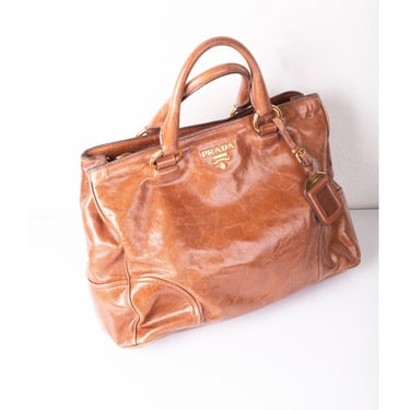 Vintage PRADA Vitello Shine Tote Bag In Brown Leather Convertible Carryall with Gold Hardware + Logo Plaque Satchel Tan 