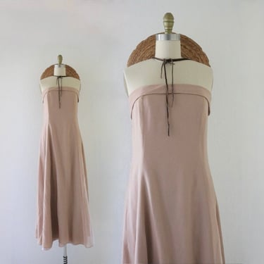 fawn silk chiffon strapless dress - xs - vintage 90s y2k beige tan brown extra small womens boned maxi dress 