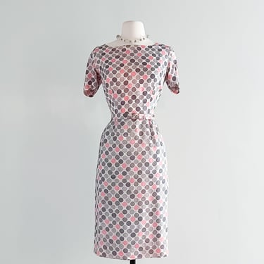 Lovely 1960's Pink &amp; Grey Polka Dot Wiggle Dress  / Sz XS