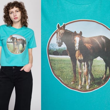 Medium 90s Horse Iron-On Graphic T Shirt | Vintage Turquoise Blue Mare & Foal Animal Tee 