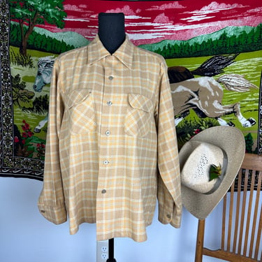 mens vintage 1950s 60s soft wool plaid shirt • loop collar