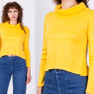 70s Yellow Turtleneck Top - Small | Vintage Plain Long Sleeve Stretchy Shirt 