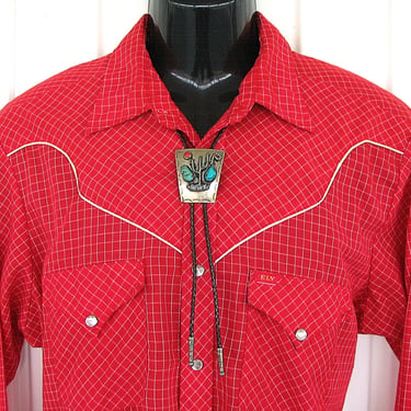 Ely Plains Vintage Western Men's Cowboy & Rodeo Shirt, Red and White Checked, Made in U.S.A., 16.5-34, Approx. Large (see meas. photo) 