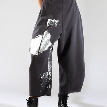 High Waisted Silver Foil Printed Tapered Full Leg Pants