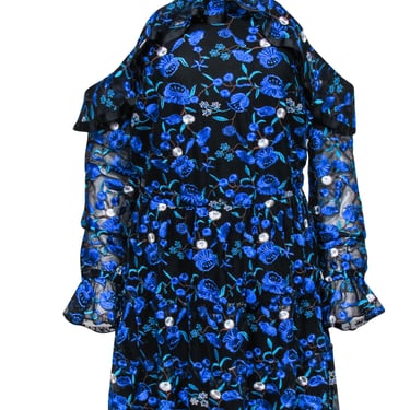 Alexia Admor - Black, Blue & White Floral Embroidery Ruffle Dress Sz 4