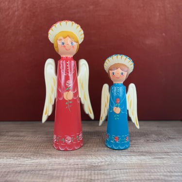 Beautiful Hand Painted Angelic Statues with Carved Wings, Decorative Blue and Red Folk Art Celestial Guardian Figures 