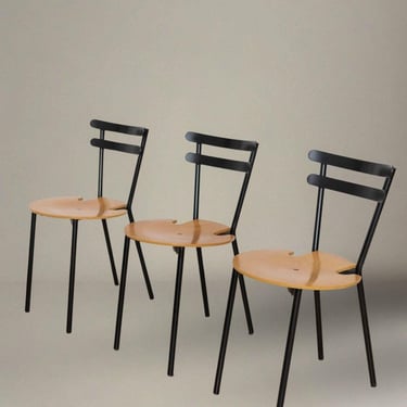 3 Vintage Mid Century Chairs Italy 1970s – Black Steel and Wood, Stackable – Stylish Design, Ideal Gift - Dining Chairs 