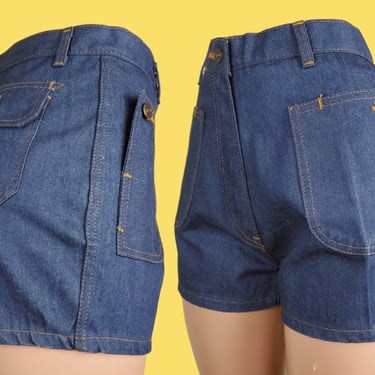 Flap pocket 70s shorts. Dark crisp denim. Mid to high rise short shorts jeans unique vintage. (31 x 2) 