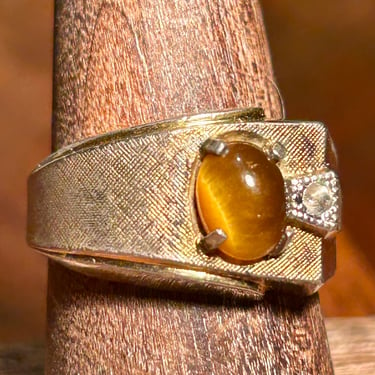 Esp 18k HGE Mens Ring Tigers Eye Rhinestone Yellow Gold Vintage Retro Jewelry 