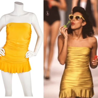 Emmanuelle Khanh 1991 S/S Runway Vintage Sunshine Yellow Ruched Strapless Swimsuit 