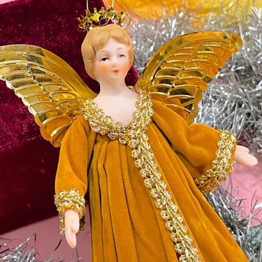 VINTAGE: Velvet Angel Ornament - Christmas Doll Ornament - Yellow Gold Velvet Angel 