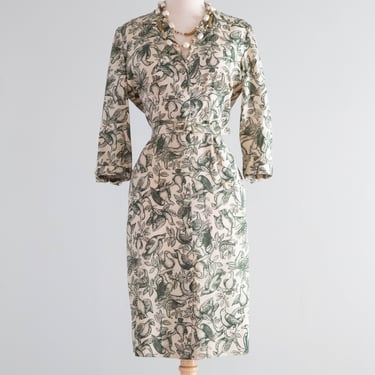 "For The Birds" 1950's Silk Shirtwaist Day Dress With Fabulous Bird Print By Tanner / Medium