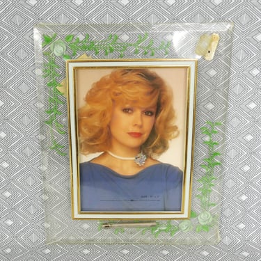 Vintage Picture Frame - Clear Plastic or Acrylic w/ Cream and Green Floral Design - Holds 5