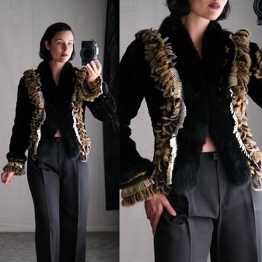 Vintage 90s CEDRICS Black & Tan Frosted Knit Fur Crop Zip Jacket w/ Gold Leather Fringe Cuffs | 100% Genuine Fur | 1990s Designer Fur Coat 