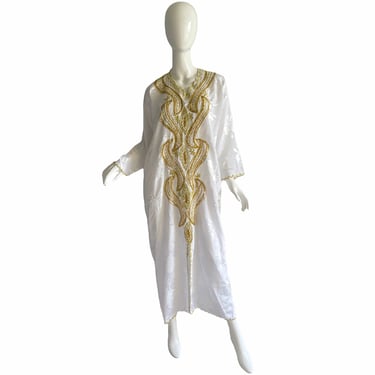 Vintage Gold Beaded Caftan / Metallic Embroidered Gold Caftan / Embellished Party Evening Gown 2XL 