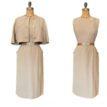 1950s 2 piece dress set, Beige check, vintage 50s outfit, bonwitt teller, mrs maisel,  rockabilly style, 30 waist 