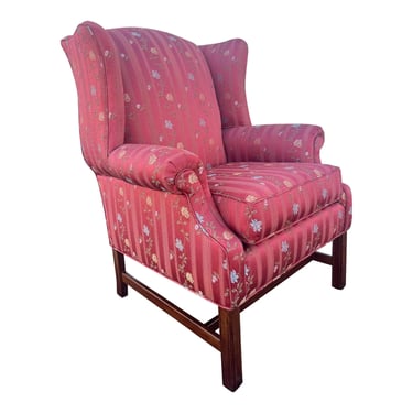 Vintage Chippendale Wingback Chair - Recently Reupholstered in Floral Embroidered Tonal Striped Fabric 