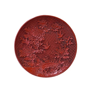 Chinese Red Resin Lacquer Round Flower Bird Relief Carving Accent Plate ws3350E 