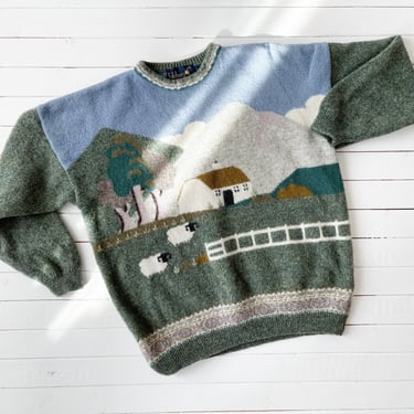 cottagecore sweater | 80s 90s vintage Tulchan green blue gray wool sheep farm country scenic streetwear novelty embroidered sweater 