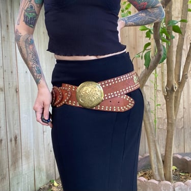 Vintage Brown and Brass Leather and Metal Hip Belt 